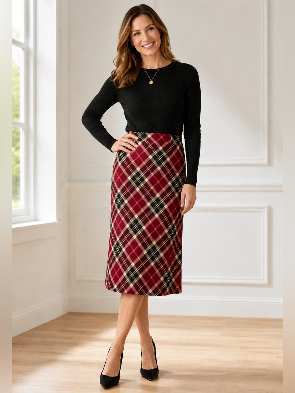 Women's Liz Baker Red Plaid Midi Skirt Size 14
S B